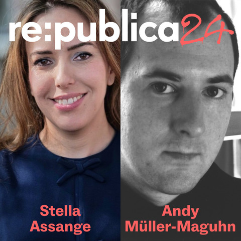 Die Anwältin Stella Assange trägt auf dem Bild eine blaue Bluse während das Bild vom ehemealigen CCC-Sprecher, Andy Müller-Maguhn, schwarz weiß ist.