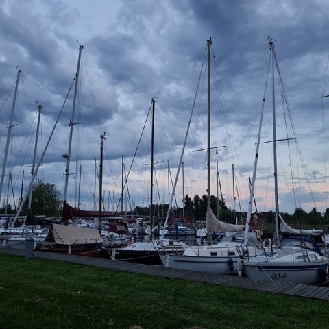Am Bootssteg liegen viele Segelboote. Der Himmel ist bewölkt. 