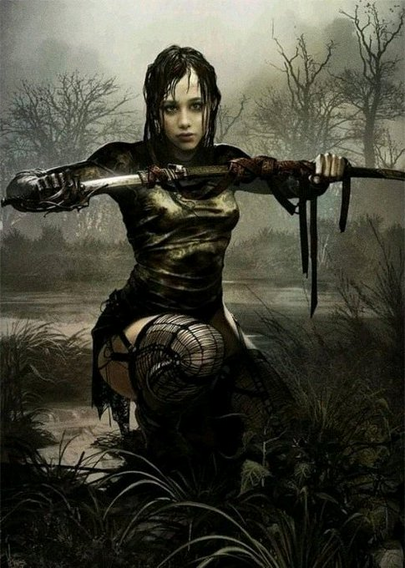 Painting of a woman with wet black hair in a foggy swamp.

She is wairing a dark green patterned dress and ripped stockings. She is kneeling on one knee, whilst her other leg has the foot on the ground, reading to push her up in an instant.

Whilst she is looking at the spectator, she is drawing a sword from a sheath, she is holding horizontally in front of her.