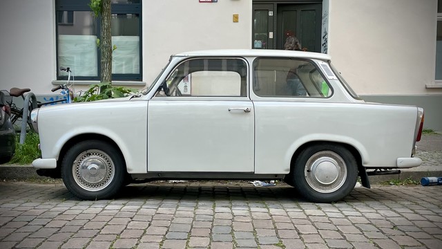 A side view of a Trabant, affectionately known as Trabi, which were pretty common in East Germany, then unfairly scorned after German reunification when East Germans dumped them in favor of fancy western cars. Well, this one’s more than 50 years old and still driving like new. 