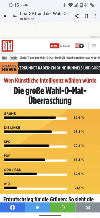 Screenshot aus der BILD Zeitung:
Überschrift: Wenn künstliche Intelligenz wählen würde.
Wahl-o-mat Ergebnisse:
Grüne 82,9%
Die Linke 76,3%
SPD 72,4%
FDP 65,6%
CDU/CSU 52,6%
AFD 21,1%
