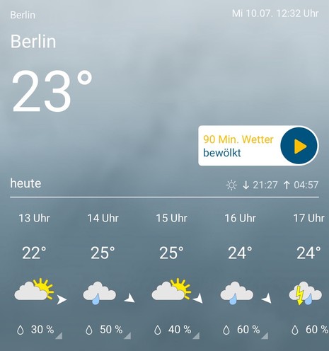 Weather forecast for Berlin. Current temperature is 23°C. Hourly forecast includes temperatures and weather conditions, along with precipitation percentages from 13:00 to 17:00.