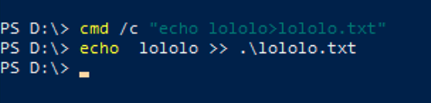 Powershell prompt with two different ways to echo text into a textfile. While seemingly very similar, the first line writes ascii text, the second one writes utf-16LE by default.