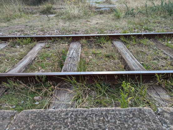 Gleis mit schmalen alten Holzschwellen an steinerner Bahnsteigkante. Es wächst Gras ringsum.