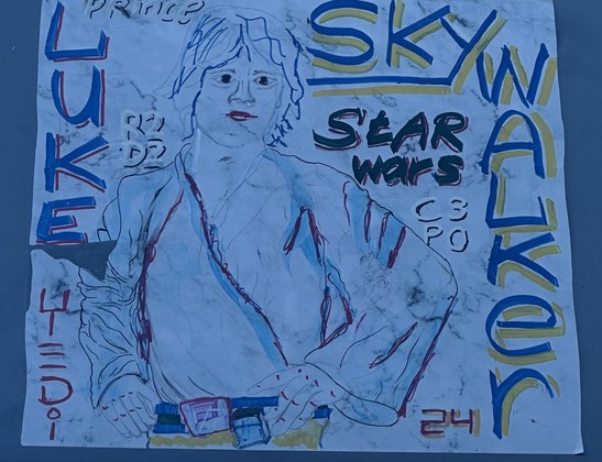 ein plakat mit luke skywalker zeichnung,